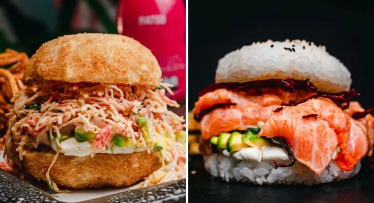 El restaurante para comer hamburguesa de sushi en Teusaquillo; está repleta de salmón El restaurante para comer hamburguesa de sushi en Teusaquillo; está repleta de salmón
